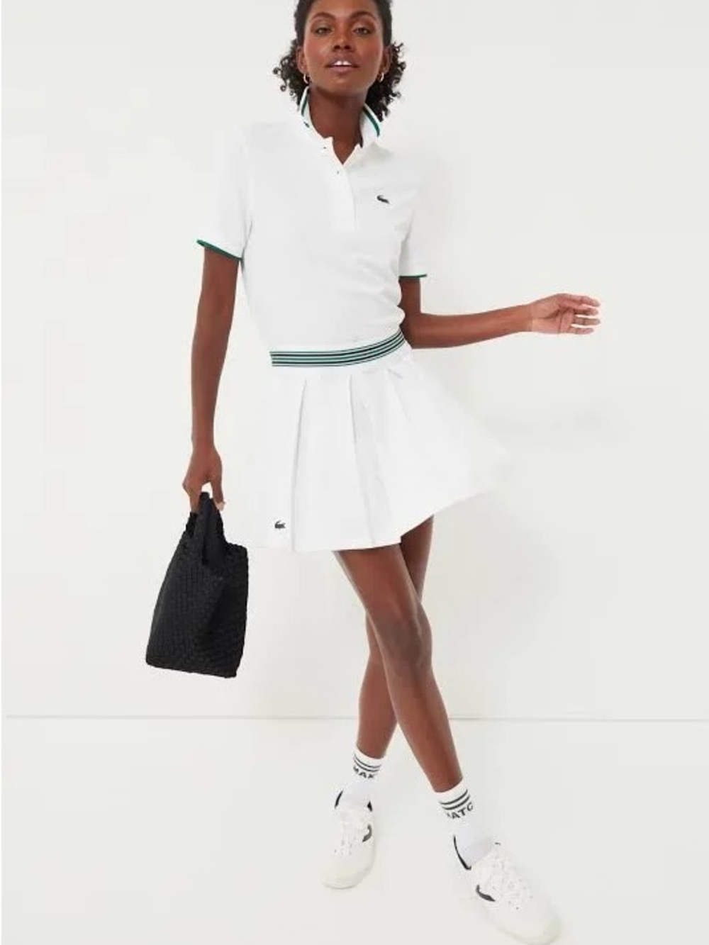 Lacoste White Pleated Mini Skirt with Green-Trim Waistband